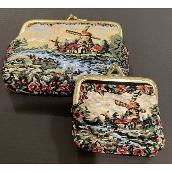 Windmill Needlepoint Tapestry Small Coin Pouch Kiss Lock 2 Piece Set Vintage - Picture 1 of 5